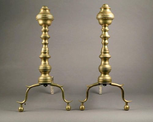 PAIR OF ANTIQUE BRASS ANDIRONS,