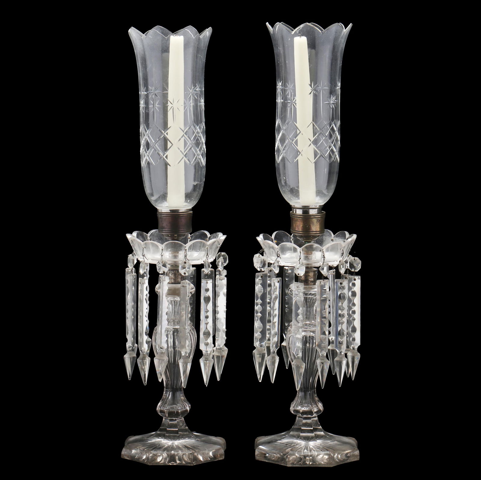 PAIR OF ANTIQUE CUT GLASS DROP PRIM
