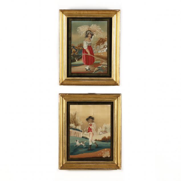 PAIR OF ANTIQUE SILK AND WATERCOLOR