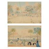 PAIR OF ANTIQUE WATERCOLOR SCE