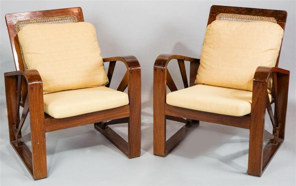 PAIR OF ART DECO CANED HARDWOOD ARM