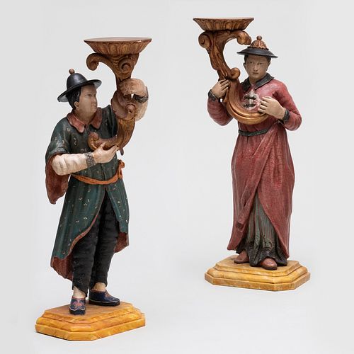 PAIR OF ASIAN INSPIRED PAINTED WOOD