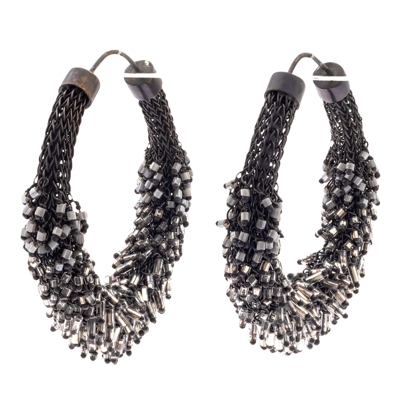 PAIR OF BEAD, MESH HOOP EARRINGS,
