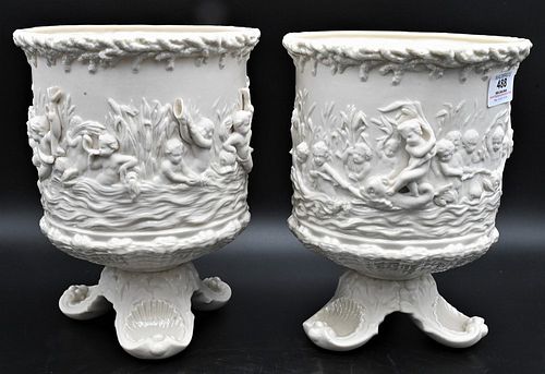 PAIR OF BELLEEK NAIADS JARDINIERES,