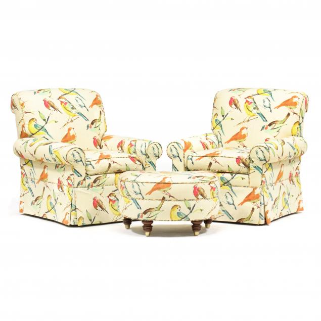 PAIR OF BIRD MOTIF UPHOLSTERED CLUB