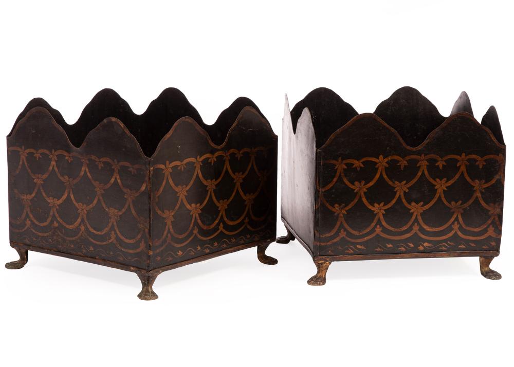 PAIR OF BLACK AND GILT TOLE