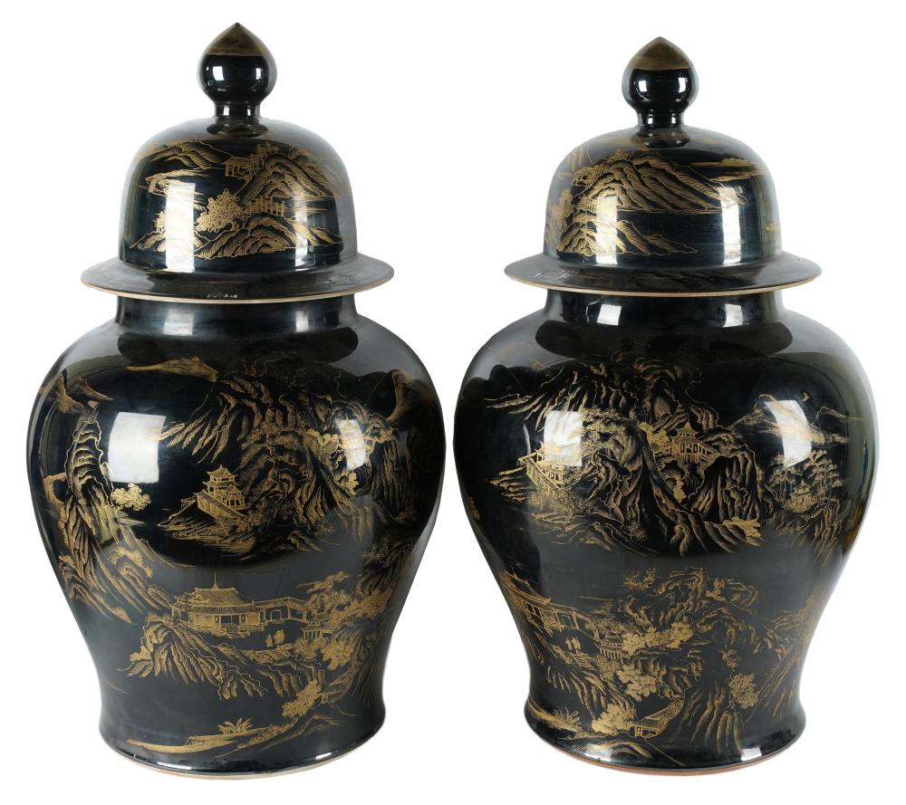 PAIR OF BLACK & GOLD PORCELAIN