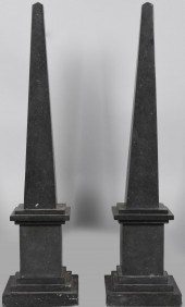 PAIR OF BLACK STONE OBELISKS H