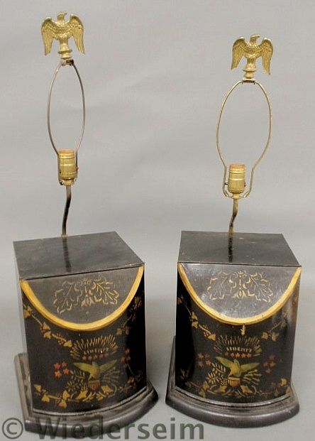 Pair of black tin bin-form lamps