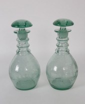 PAIR OF BLOWN GREEN GLASS DECA