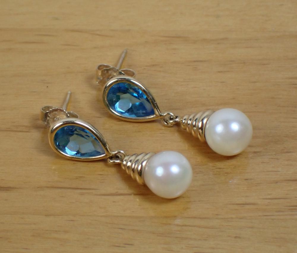 PAIR OF BLUE TOPAZ AND PEARL DANGLE