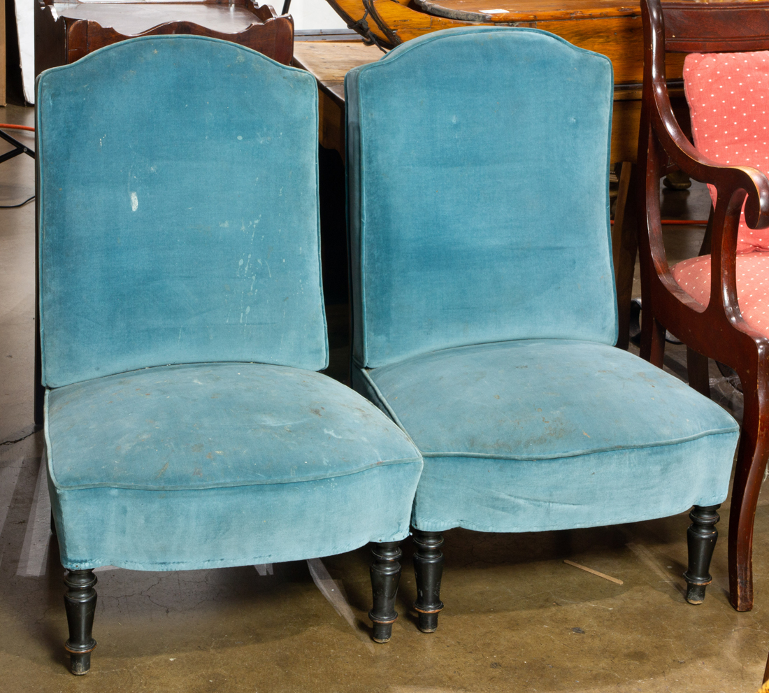 PAIR OF BLUE UPHOLSTERED SLIPPER