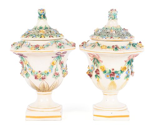 PAIR OF BOCAGE COVERED CREAMWARE