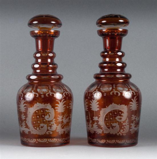 Pair of Bohemian amber etched