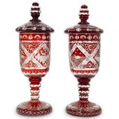 PAIR OF BOHEMIAN GLASS URNSDES