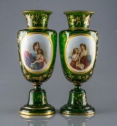 PAIR OF BOHEMIAN GREEN GLASS P