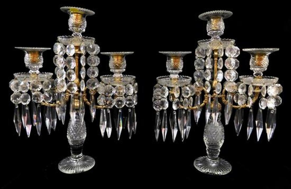 PAIR OF BRASS AND CUT CRYSTAL THREE