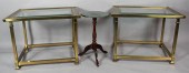 PAIR OF BRASS AND GLASS END TA