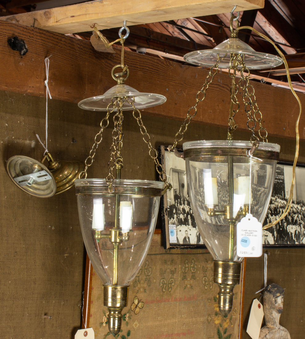 PAIR OF BRASS AND GLASS THREE-LIGHT