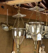 PAIR OF BRASS AND GLASS THREE-