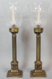 PAIR OF BRASS AND GLASS HURRIC