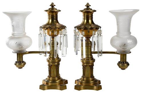 PAIR OF BRASS AND GLASS ARGAND