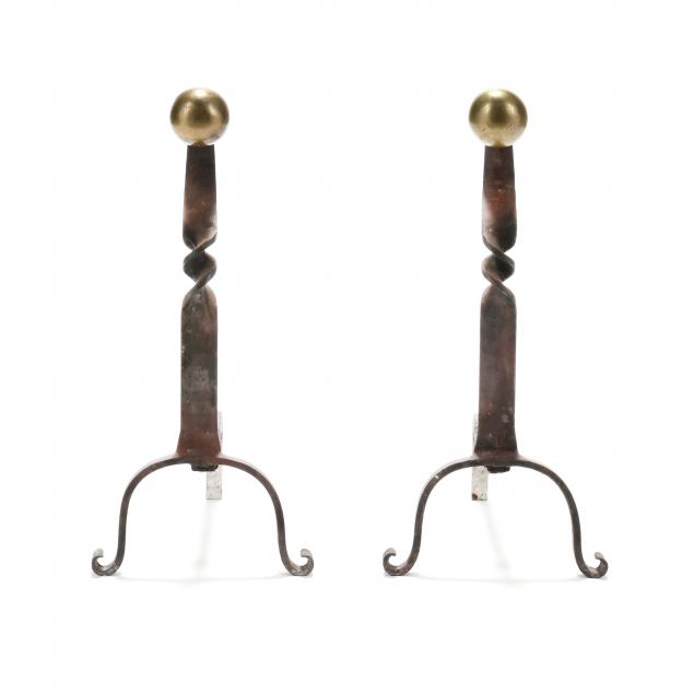 PAIR OF BRASS AND IRON ANDIRONS