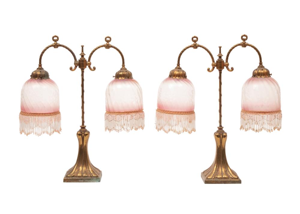 PAIR OF BRASS AND ROSE GLASS