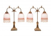PAIR OF BRASS AND ROSE GLASS T