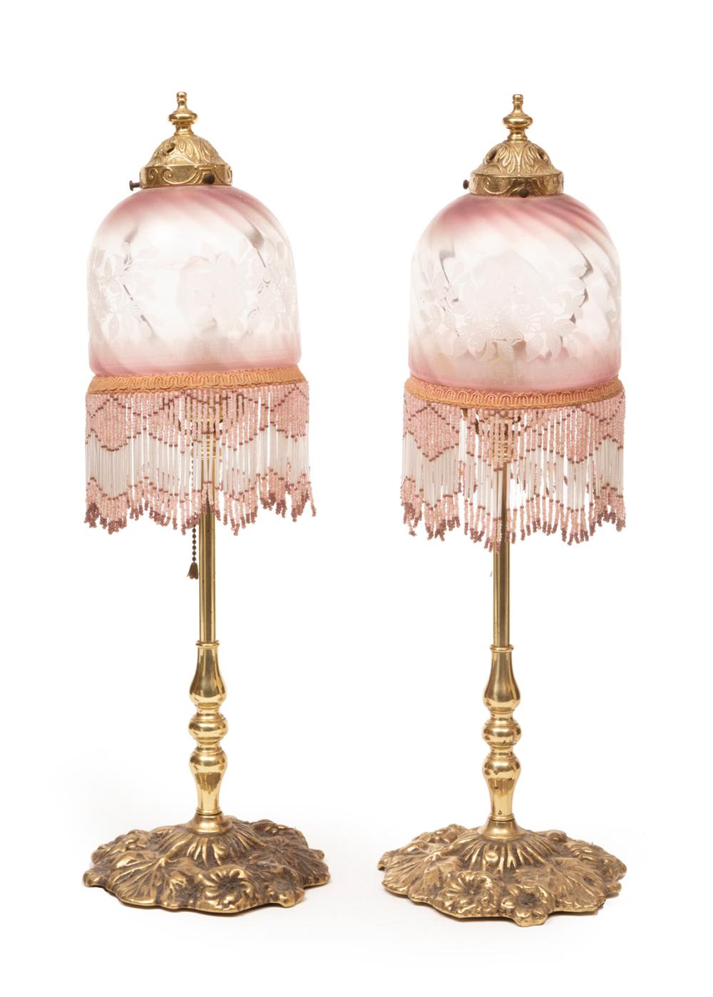 PAIR OF BRASS AND ROSE GLASS
