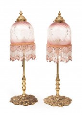 PAIR OF BRASS AND ROSE GLASS B