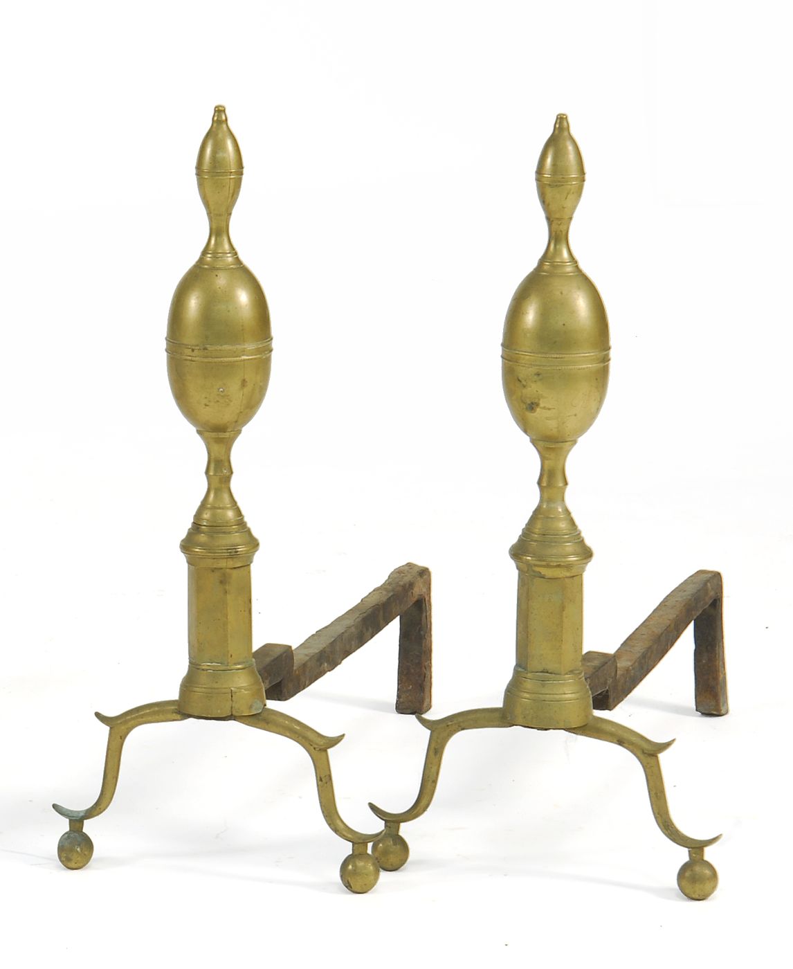 PAIR OF BRASS ANDIRONS AND PAIR
