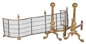 PAIR OF BRASS ANDIRONS AND SER