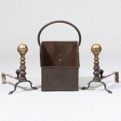 PAIR OF BRASS ANDIRONS AND A C
