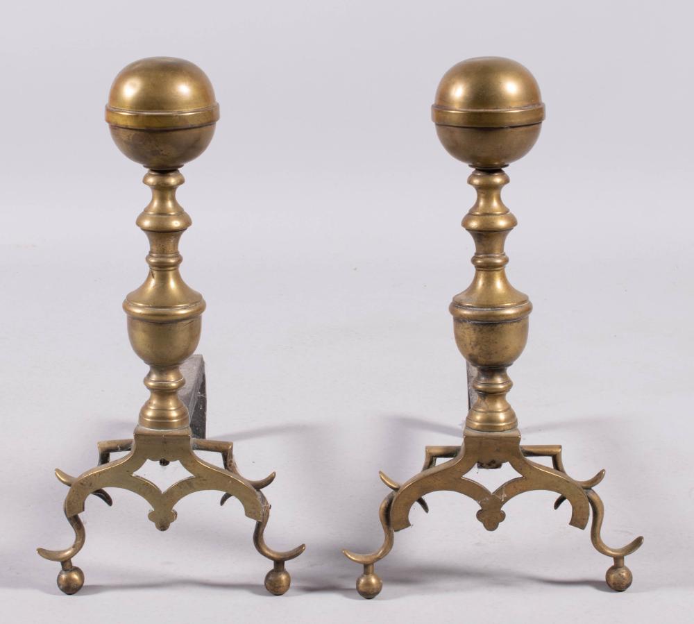 PAIR OF BRASS BALUSTER ANDIRONS