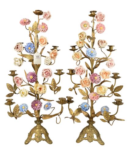 PAIR OF BRASS CANDELABRAS, HAVING