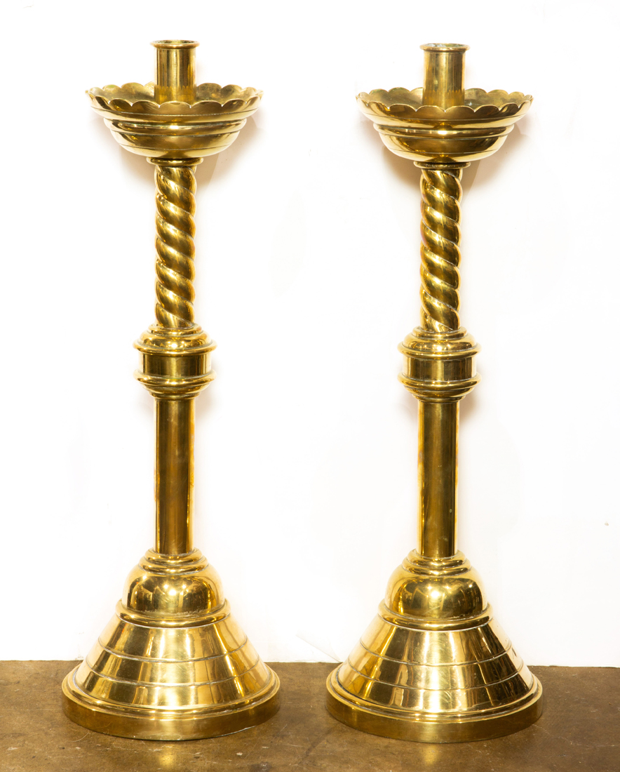 PAIR OF BRASS CANDLE PRICKETS, 25"H