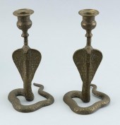 PAIR OF BRASS COBRA-FORM CANDL