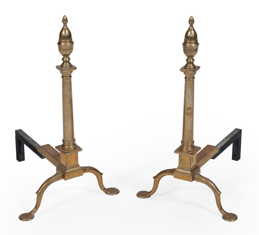 PAIR OF BRASS COLUMN-FORM ANDIRONS,