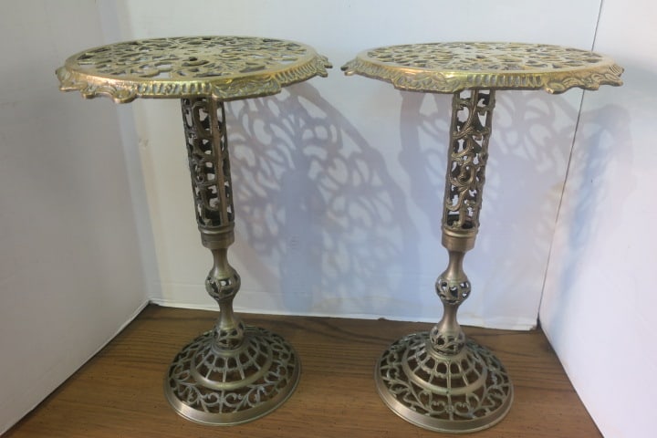 PAIR OF BRASS CUTWORK PLANT