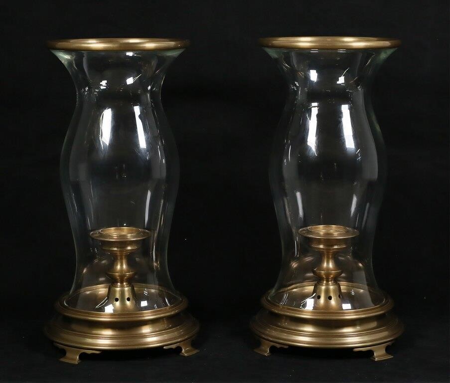 PAIR OF BRASS & GLASS HURRICANE