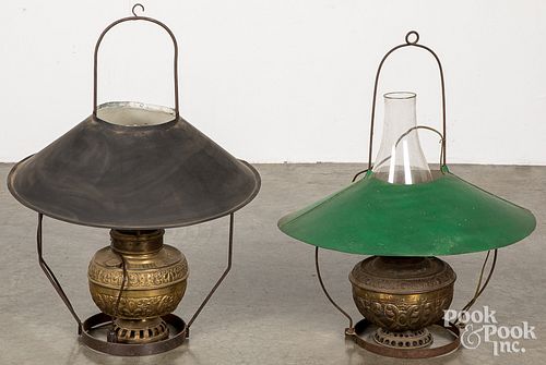PAIR OF BRASS HANGING LIGHTS,