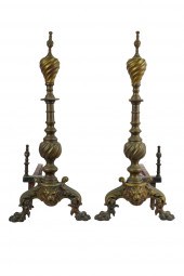 PAIR OF BRASS LION-MOTIF ANDIR
