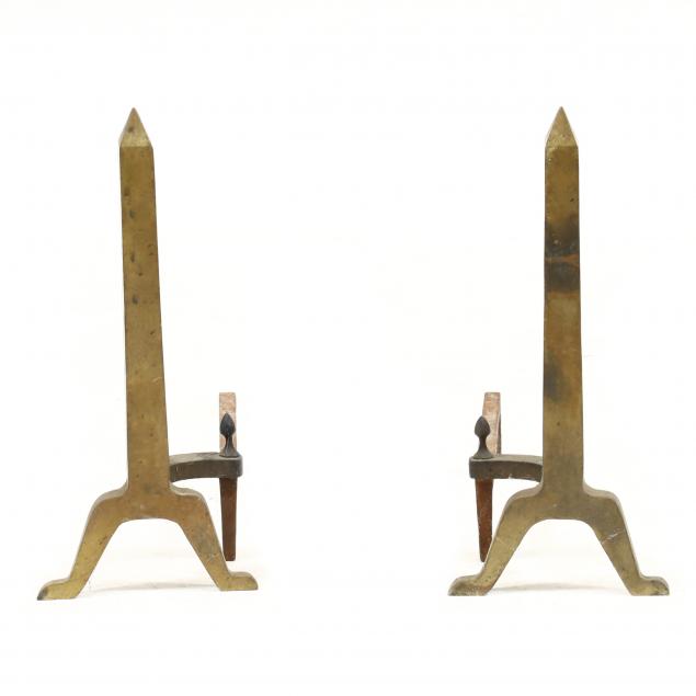 PAIR OF BRASS OBELISK FORM ANDIRONS