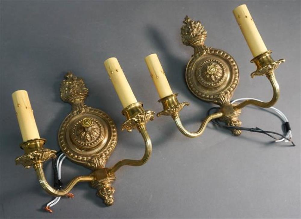 PAIR OF BRASS TWO-LIGHT WALL