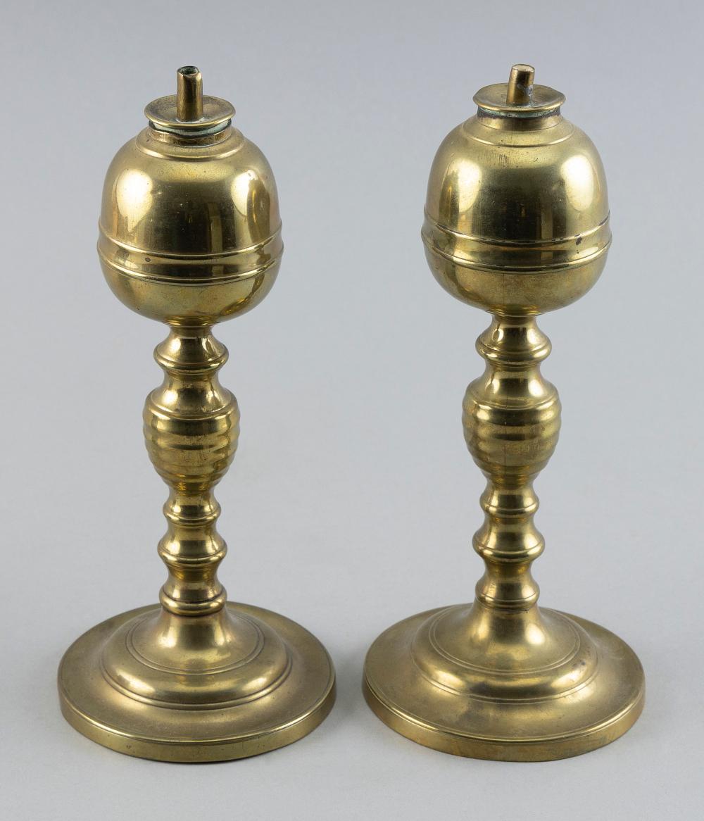 PAIR OF BRASS WHALE OIL LAMPS