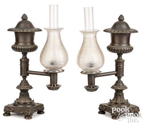 PAIR OF BRONZE ARGAND LAMPS, CA.