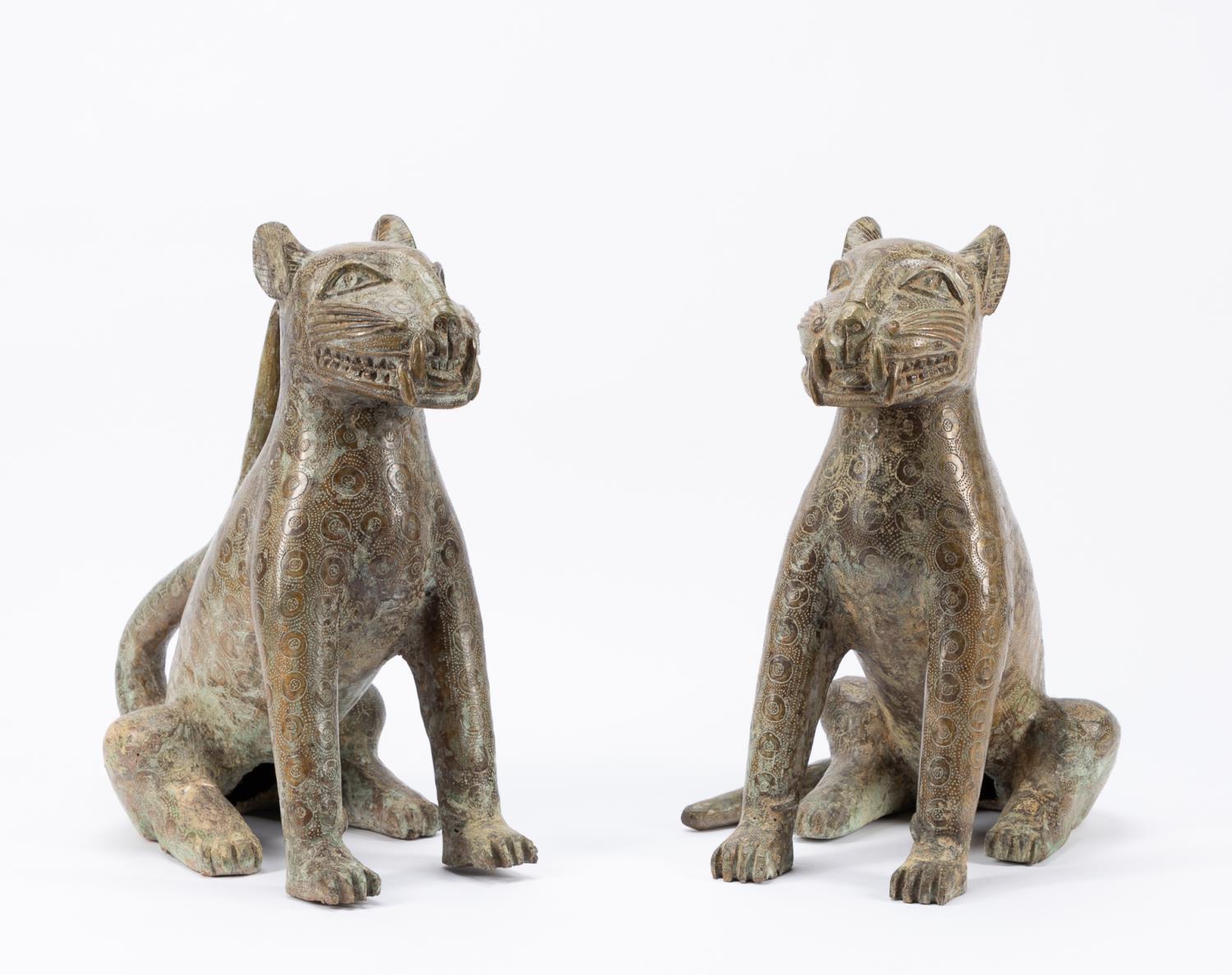 PAIR OF BRONZE BENIN STYLE CAT