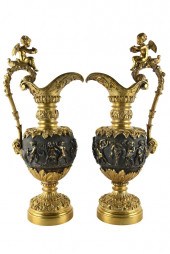 PAIR OF BRONZE & BRASS EWER GA