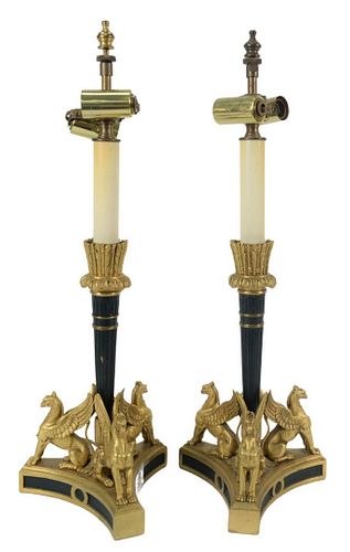 PAIR OF BRONZE CANDLESTICKS, HAVING